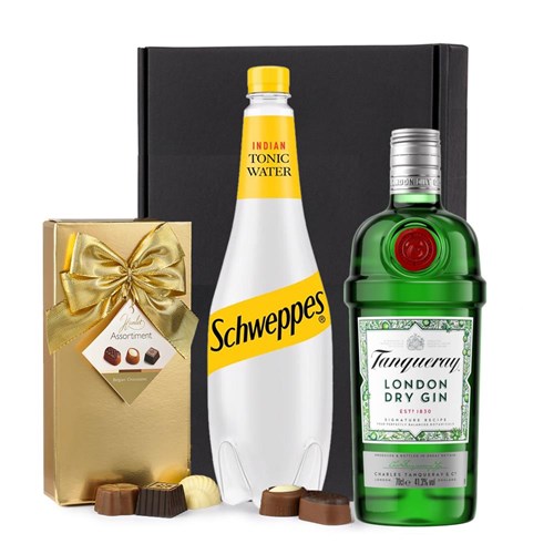 Tanqueray Dry Gin 70cl with Schweppes Tonic & Chocolates Gift Box | Spirit Mixer Set